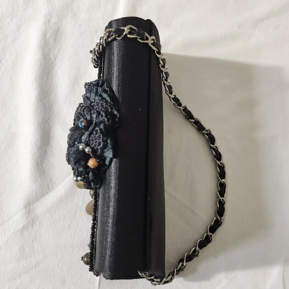 Women Vintage Small Black Satin Beaded Evening Shoulder Clutch Bag Formal Party